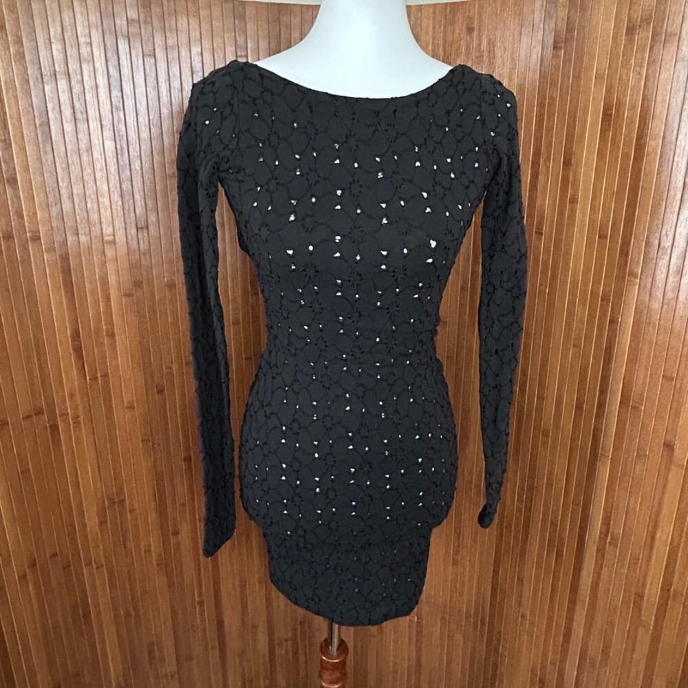 Vintage 90s Betsey Johnson Black Eyelet Cutout Low Back Mini Dress S